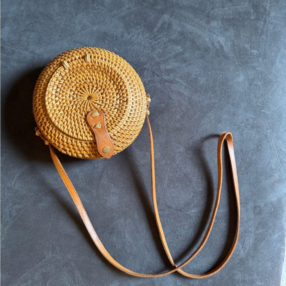 Round Woven Tan Crossbody Bag